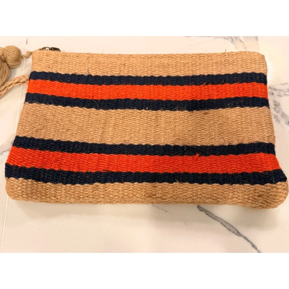 J Jill Jute Stripe Clutch Wristlet Tan Orange Navy Tassel Boho Zip Bag
